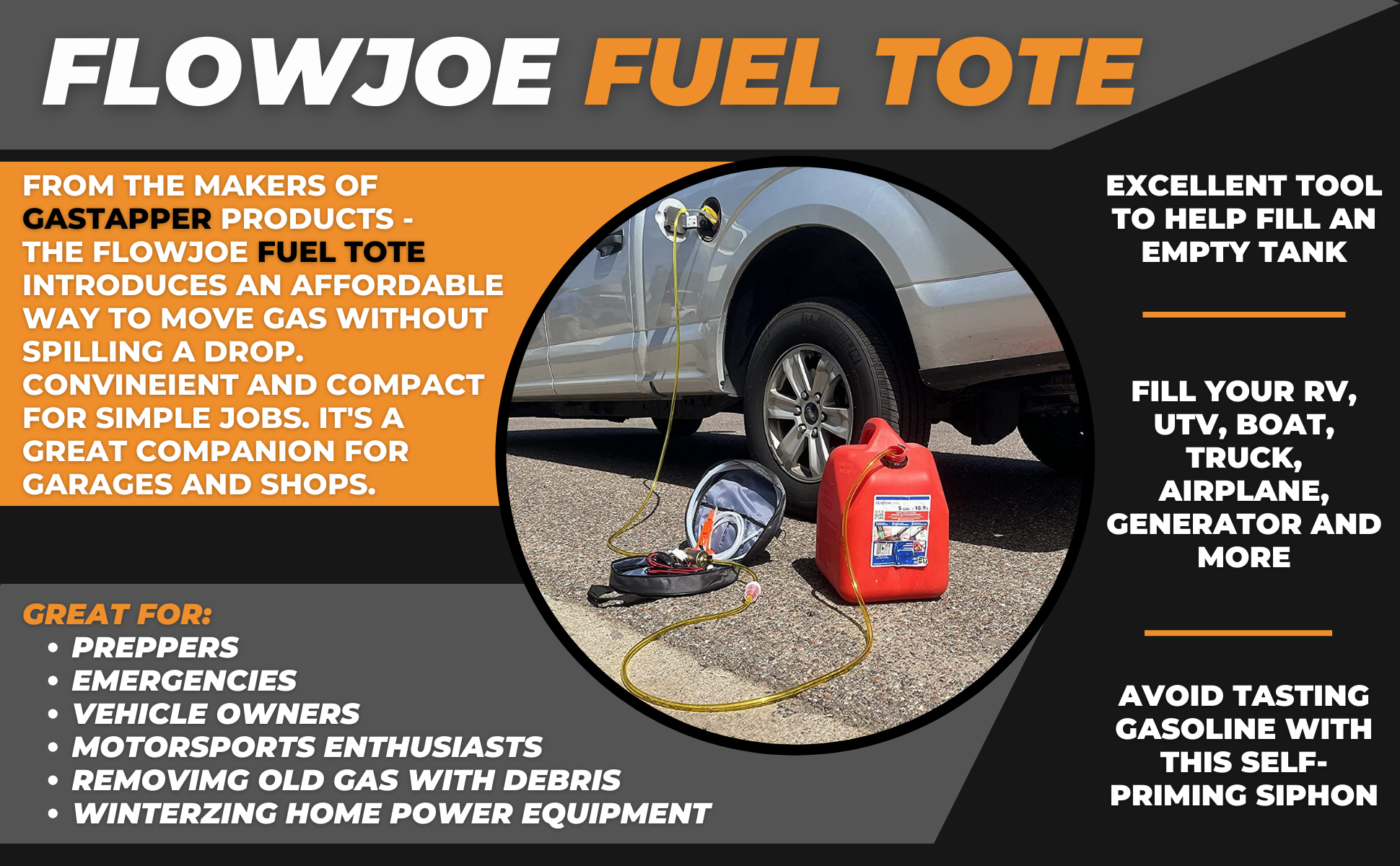 FlowJoe Fuel Tote is an affordable way to move gasoline, great for preppers, emergencies, motorsports enthusiasts and more