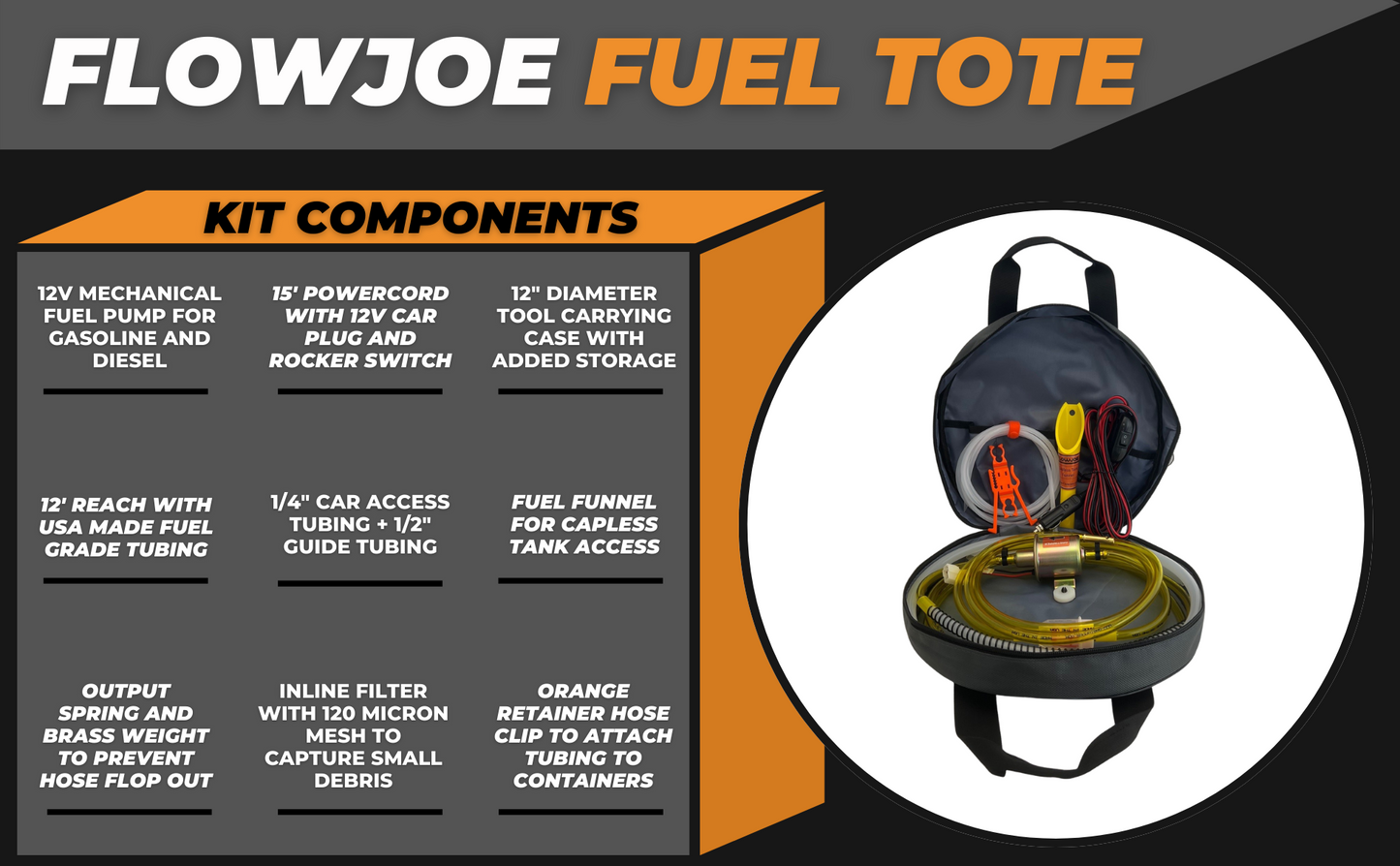 Fuel Tote components including fuel grade hose, brass weight, hose retainer clip and storage bag