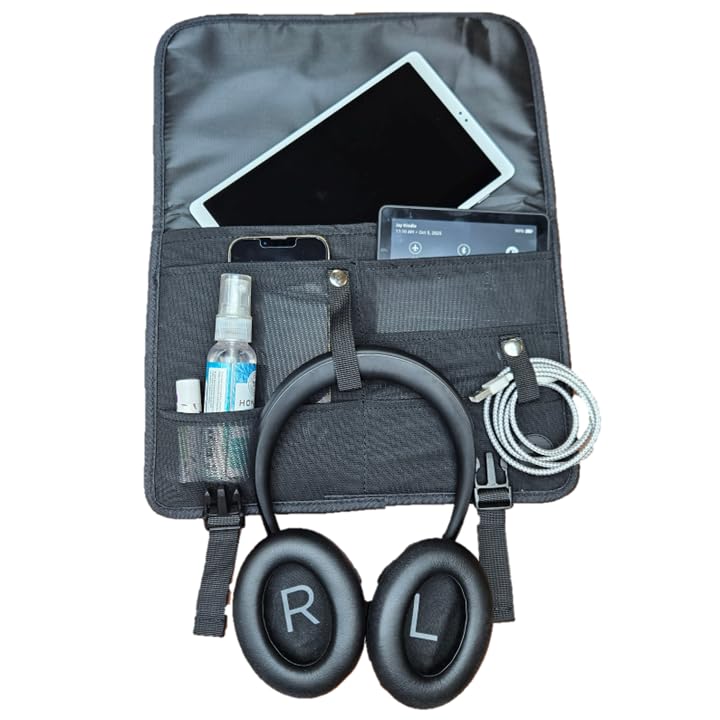 GoCJ Upgraded Portable Airplane Seat Back Pocket Organizer and Storage | Shoulder Strap and Buckle Closure | Avoid Unsanitary Public Pockets | Fits Roller Bag Handle, Tablets, Headphones, Etc