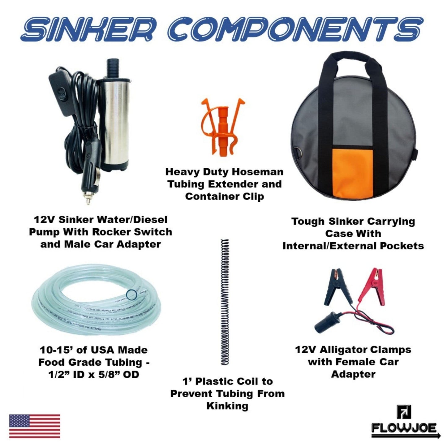 FlowJoe Sinker (Large) - 12V Powered Diesel or Water Submersible Pump Kit - Includes 15' USA Made Tubing + Tool Case - Up to 8 gal/min Transfer Rate