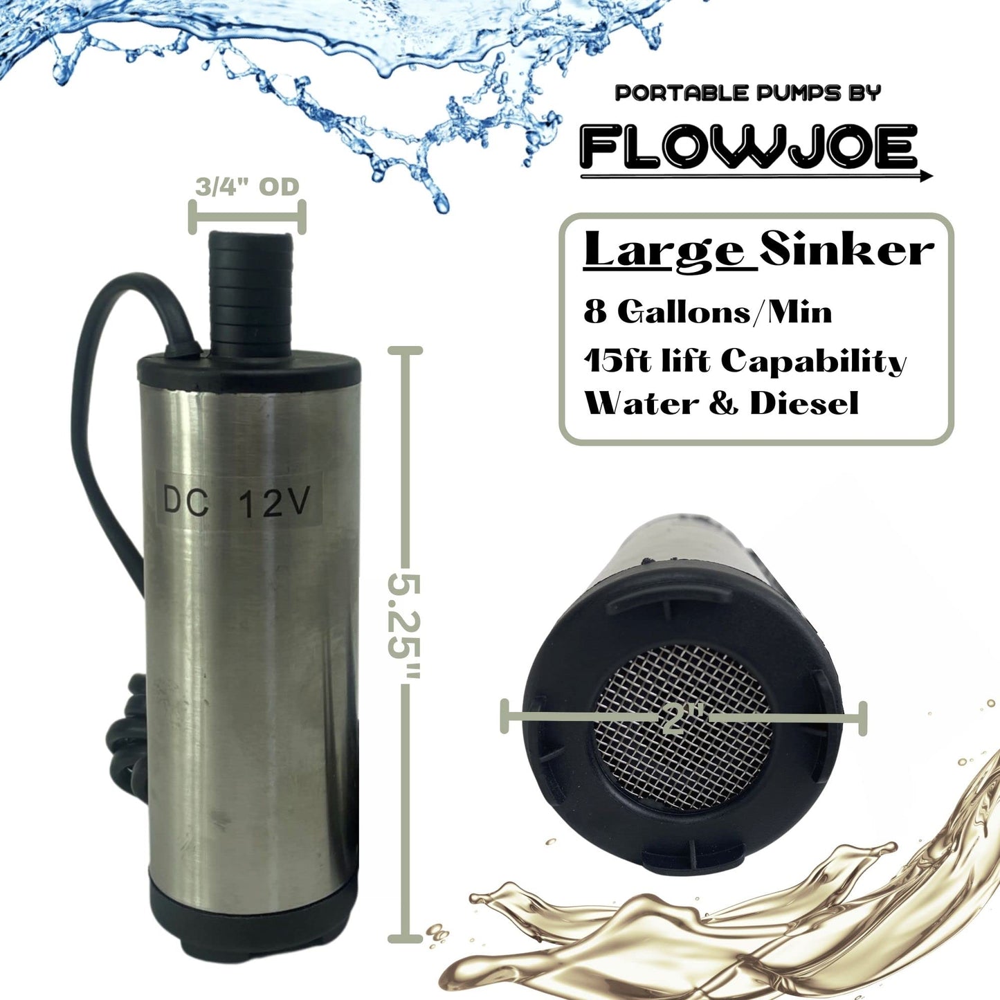 FlowJoe Sinker (Large) - 12V Powered Diesel or Water Submersible Pump Kit - Includes 15' USA Made Tubing + Tool Case - Up to 8 gal/min Transfer Rate