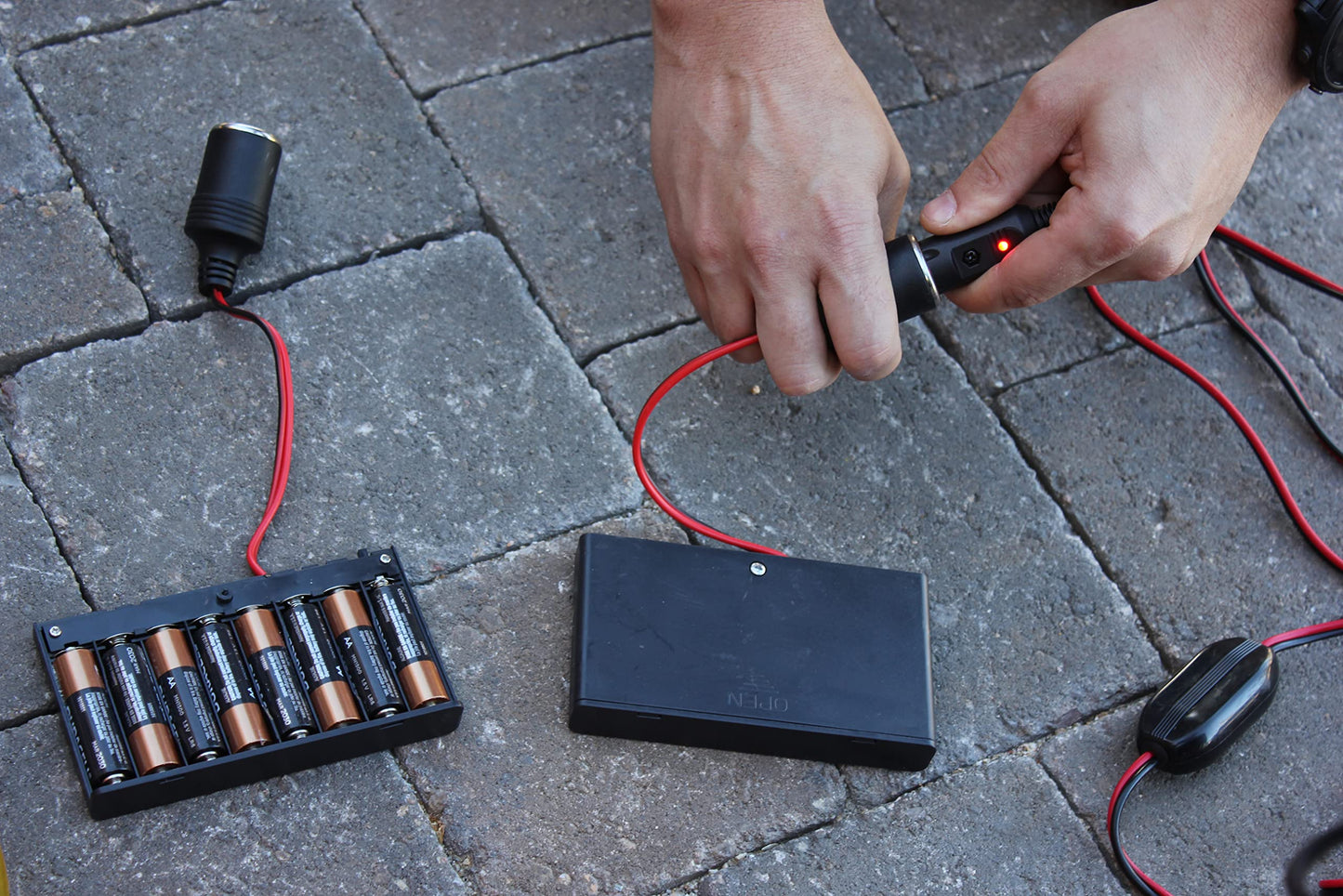 Power Supply Kit includes AA Battery Holder, Alligator Clamp, 12V Extension Cord, 110 Power Supply