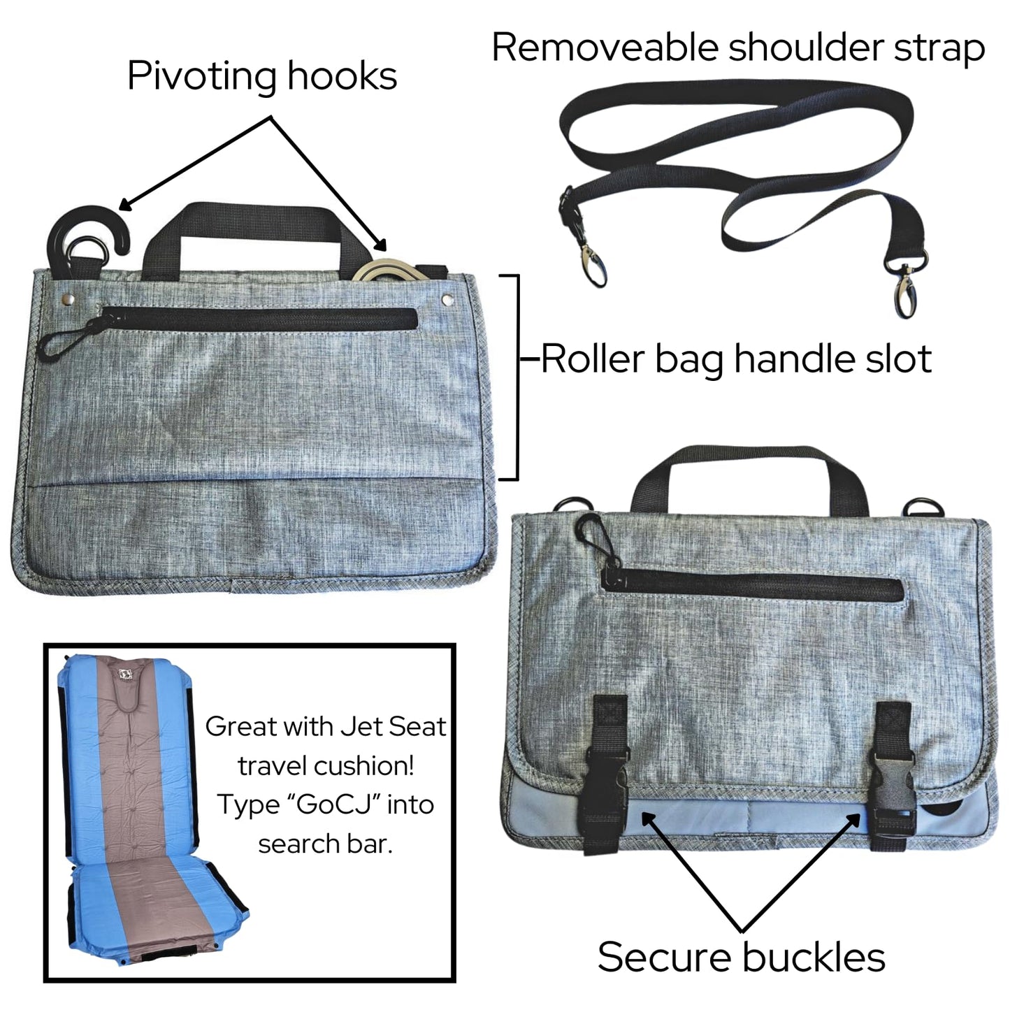 GoCJ Upgraded Portable Airplane Seat Back Pocket Organizer and Storage | Shoulder Strap and Buckle Closure | Avoid Unsanitary Public Pockets | Fits Roller Bag Handle, Tablets, Headphones, Etc