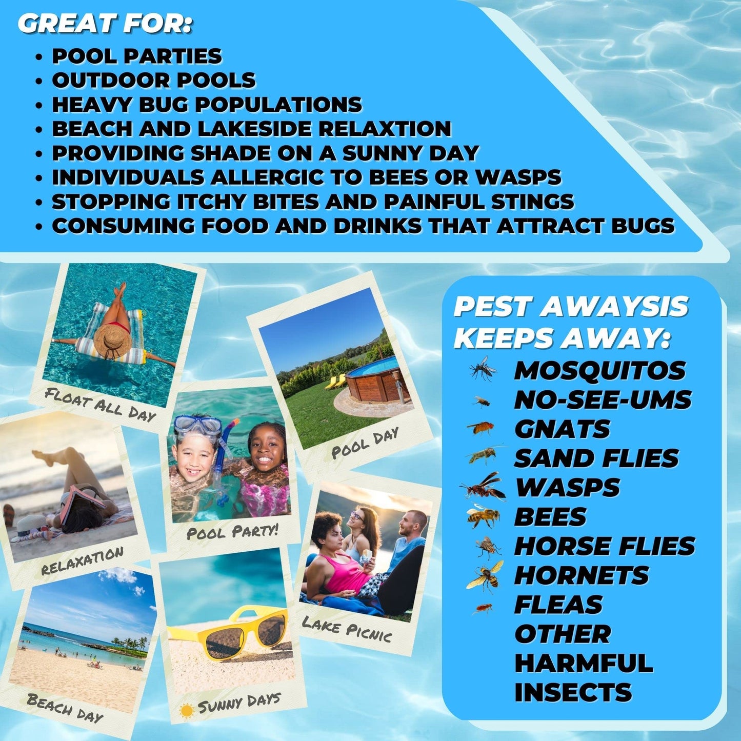 Pest Awaysis Patent-Pending Swimming Pool Float Bug Prevention Net | No More Bees, Wasps, Mosquitos | 40% Sunblock | includes Bonus Hammock Float