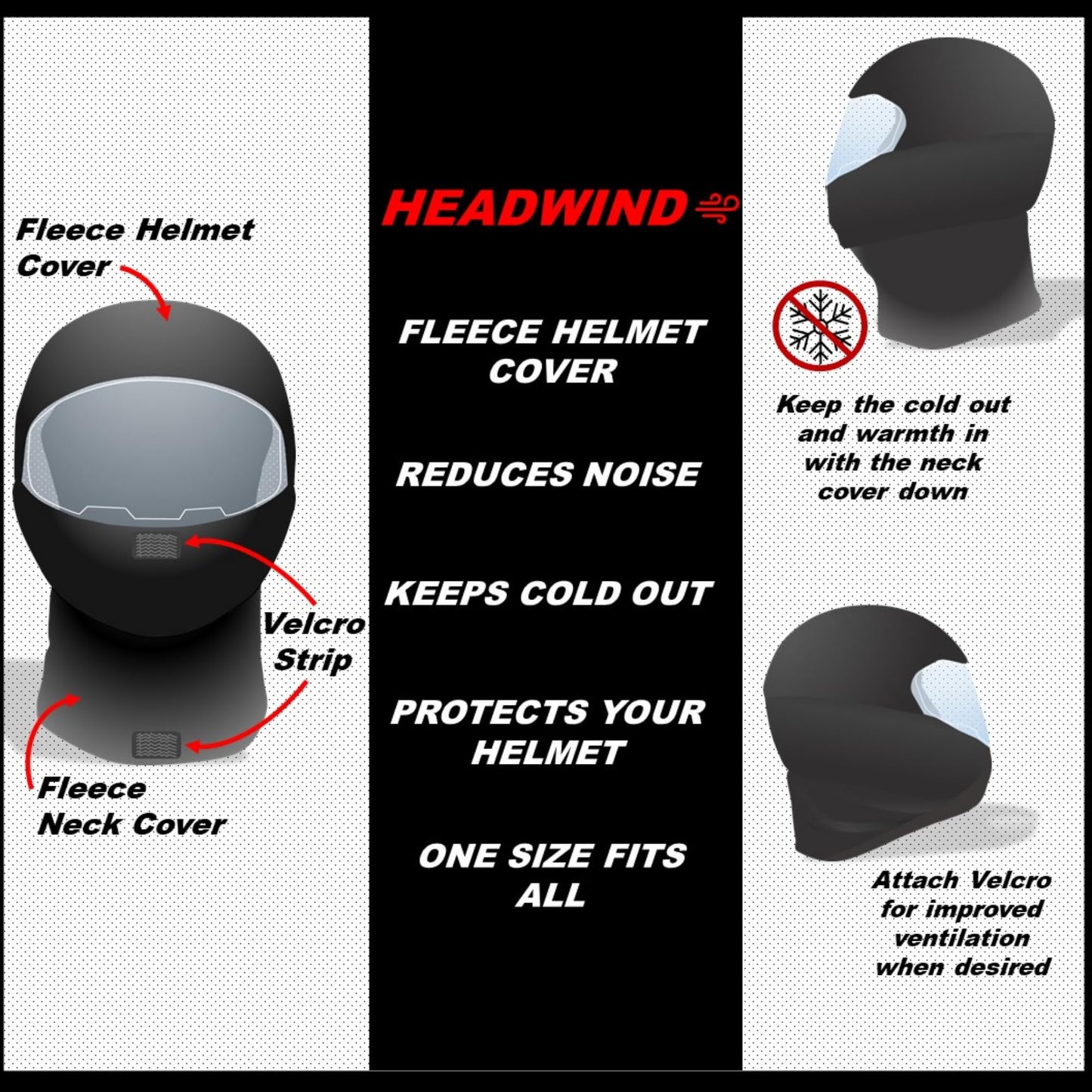 Headwind Fleece Helmet and Neck Cover for Motorcycle/ATV - Great for Dust Elimination, Winter Warmth or Summer Breathability and Reducing Noise - Patent Pending