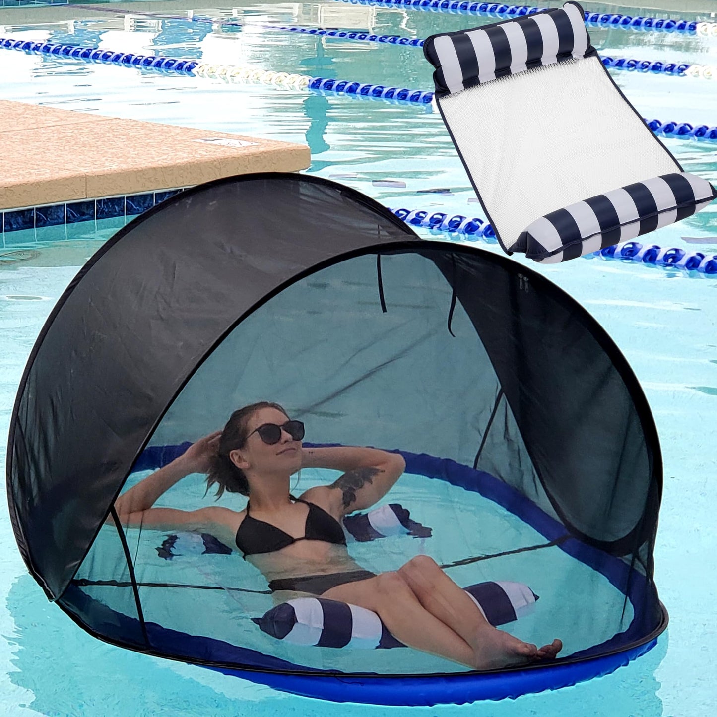 Pest Awaysis Patent-Pending Swimming Pool Float Bug Prevention Net | No More Bees, Wasps, Mosquitos | 40% Sunblock | includes Bonus Hammock Float