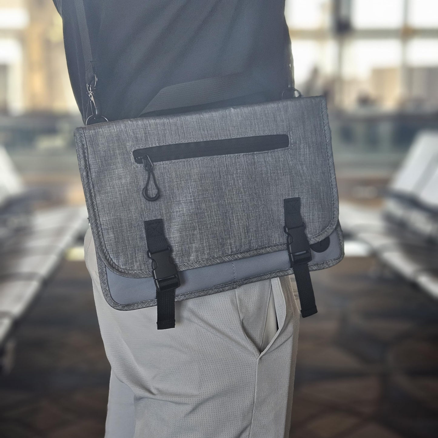 GoCJ Upgraded Portable Airplane Seat Back Pocket Organizer and Storage | Shoulder Strap and Buckle Closure | Avoid Unsanitary Public Pockets | Fits Roller Bag Handle, Tablets, Headphones, Etc