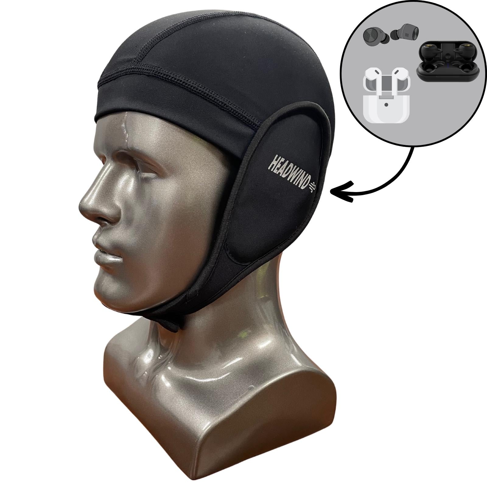 Headwind Ear Gear beanie version main image on head able to use with any type of ear bud 
