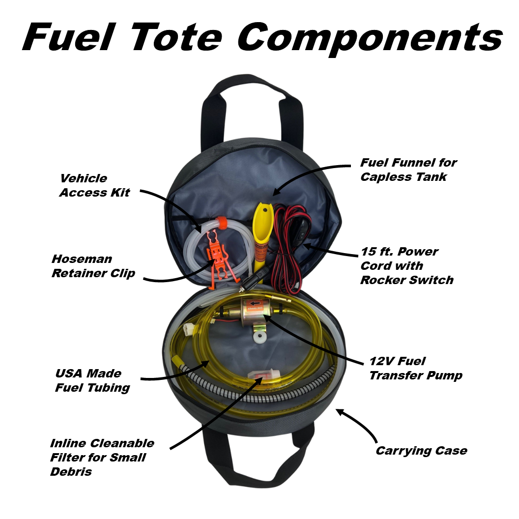 Fuel Tote components including USA made fuel tubing, vehicle access kit, fuel funnel, power cord with rocker switch and inline filter
