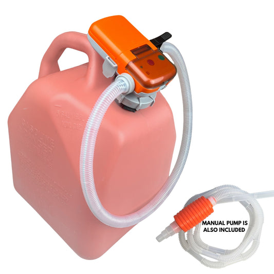 FlowJoe battery pump orange main image on gas can with manual pump bonus included