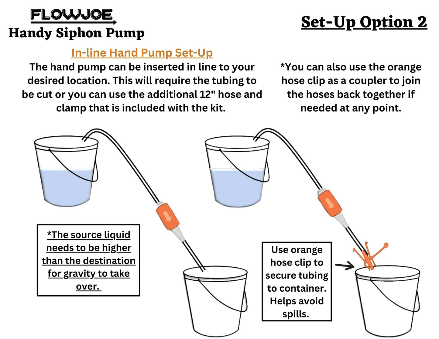 Handy siphon pump set up option 2 in-line hand pump with orange hose clip using provided American made hose 