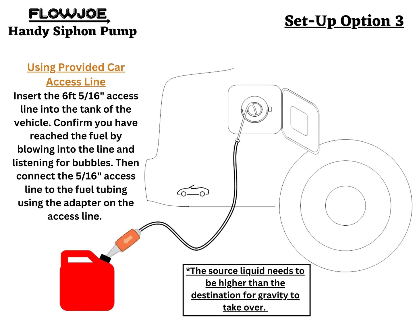 Handy siphon pump set up option 3 using car access line to get into vehicle gas tank 