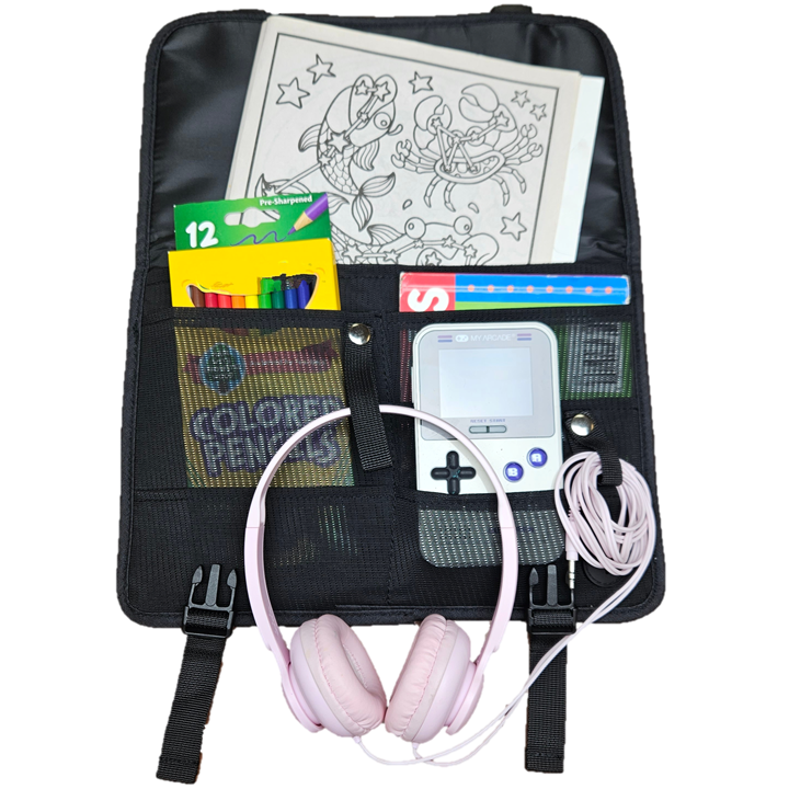 Jet Pocket black mesh main image holding kid items crayons, game boy, coloring book, headphones for travel easy access