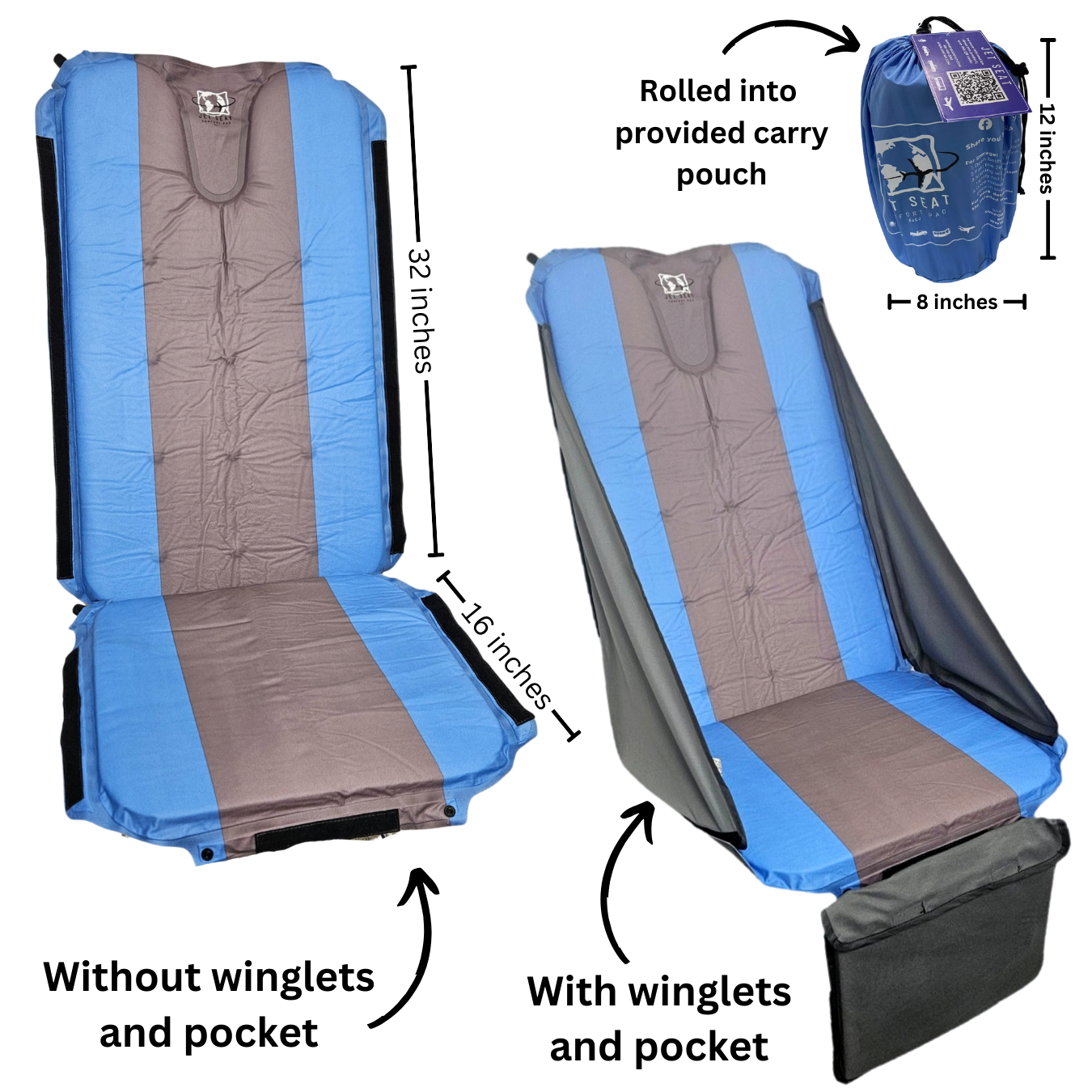 Jet Seat airplane cushion measurements with and without winglets and pocket, also shown rolled up into provided carry pounch