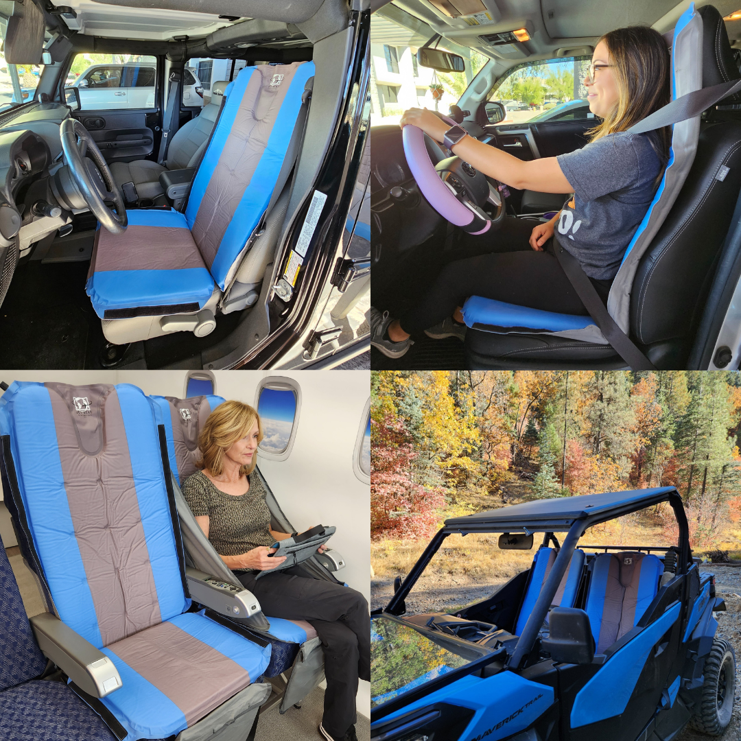 Varying uses of Jet Seat shown including in car on road trip, on plane and on side-by-side or atv