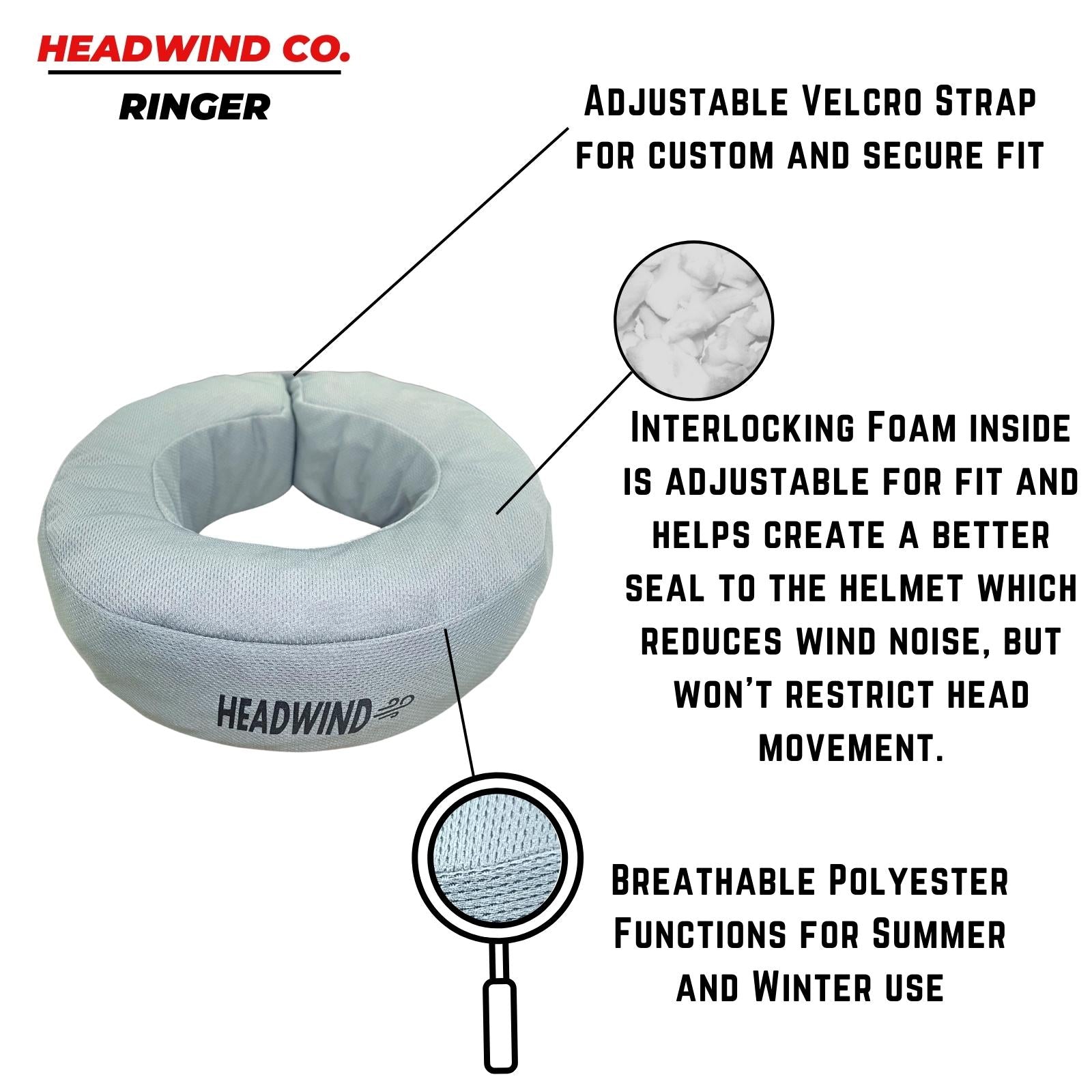 Neck ring has adjustable velcro strap for a custom fit made with breathable polyester for winter and summer use