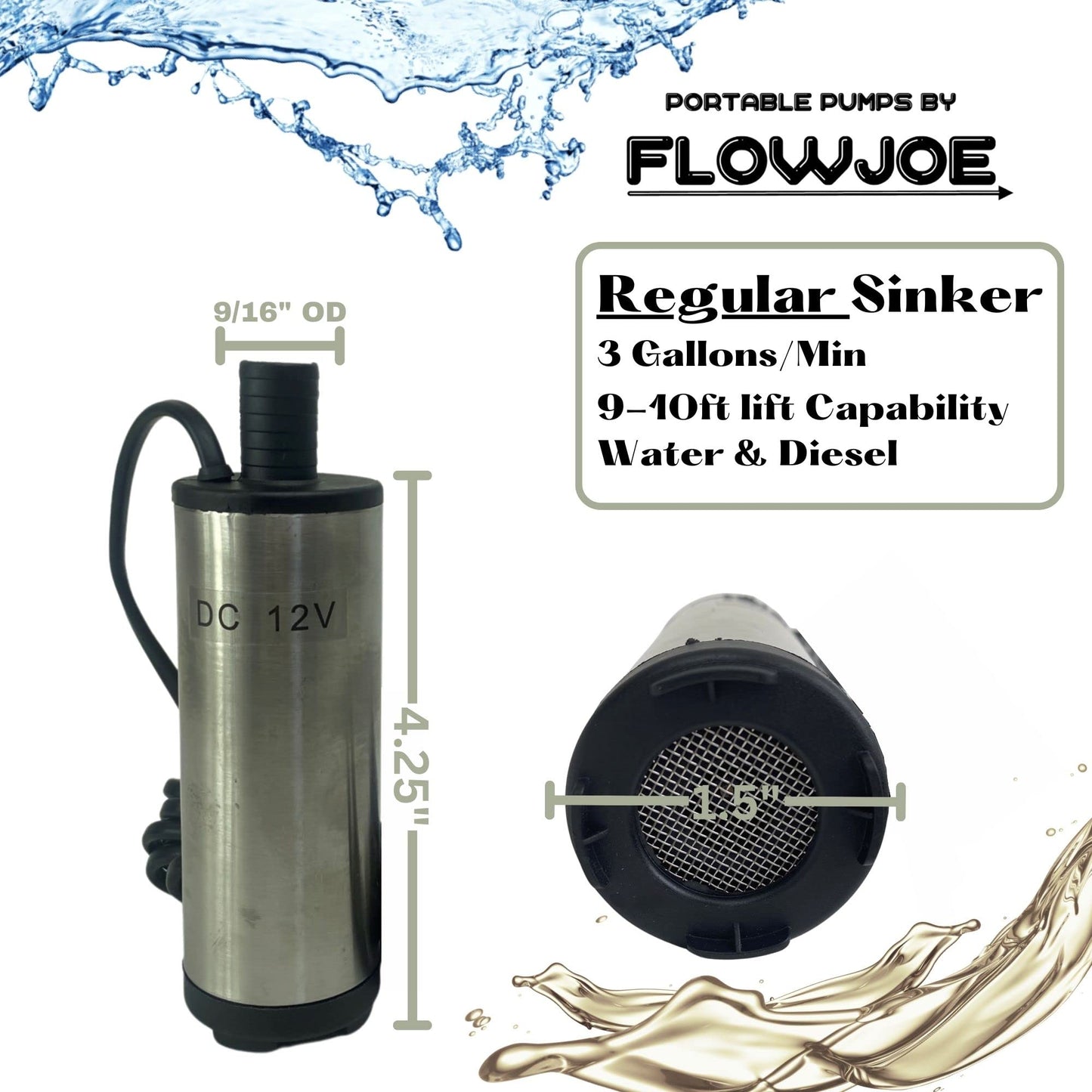 FlowJoe Sinker (Regular) 12V Powered Diesel or Water Submersible Pump Kit - Includes 10' USA Made Tubing + Tool Case - Up to 3 gal/min Transfer Rate