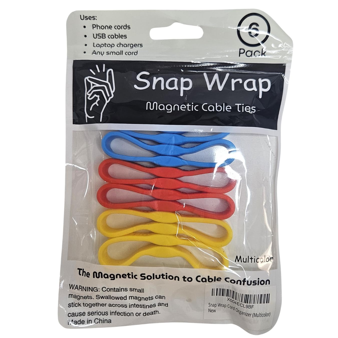 Snap Wrap | Silicone Magnetic Cable Organizer 6-Pack | Flexible Cord and Wire Management Bands for Home, Office, and Travel | Tidy Cable Storage